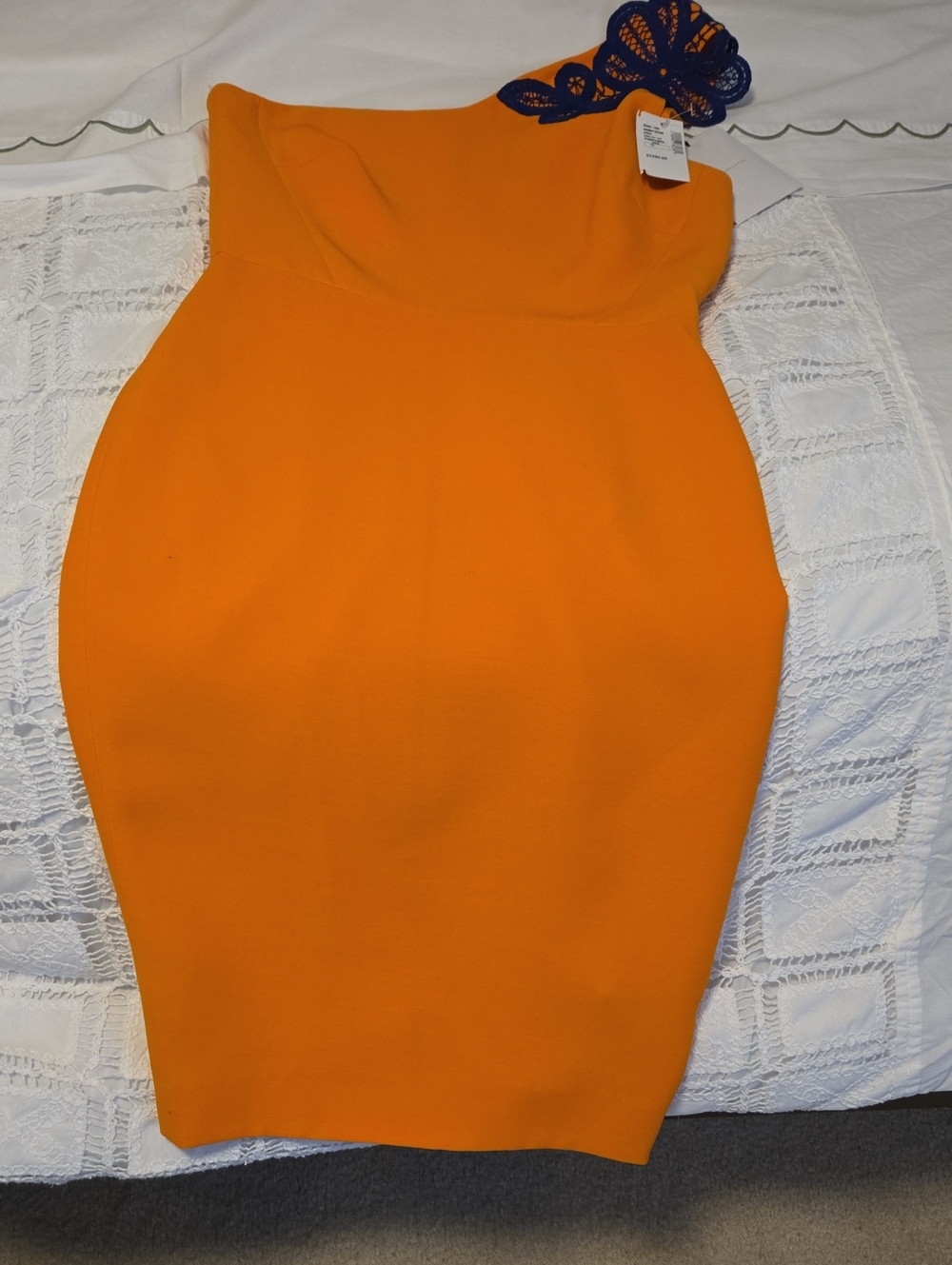Victoria Beckham One-Shoulder Orange Sheath Dress with Navy Lace Accent